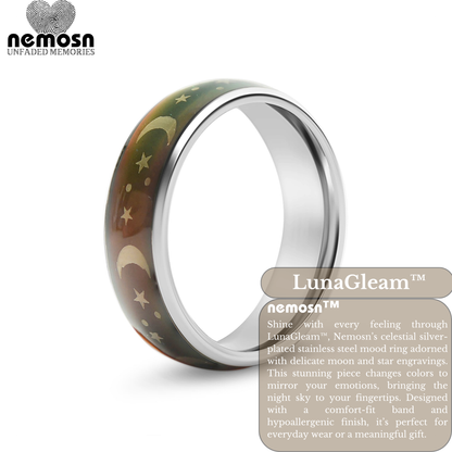 LunaGleam™ Silver Mood Ring – Color Changing Stainless Steel Moon & Stars Emotion Ring