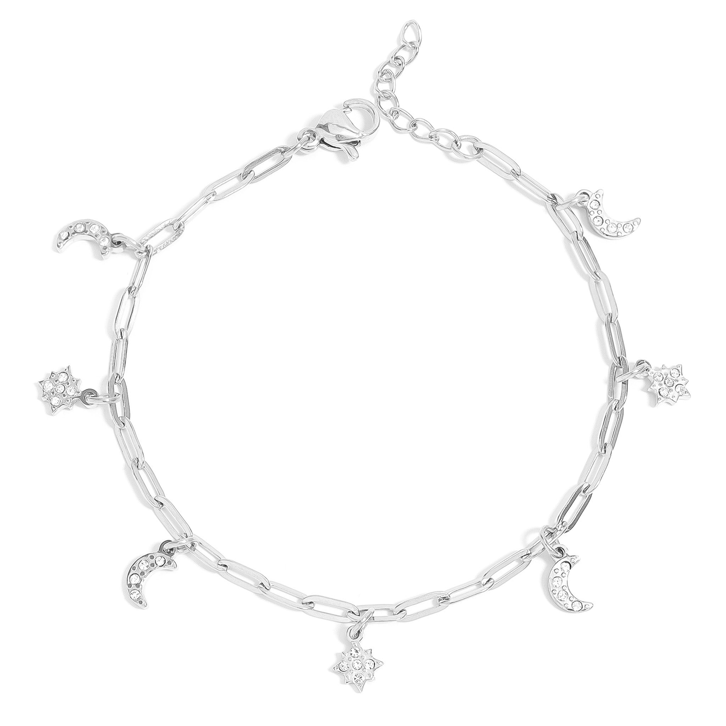 CelesteCharm™ 18K Gold & Silver Moon and Star Paperclip Chain Bracelet – Dainty Adjustable Celestial Jewelry for Women