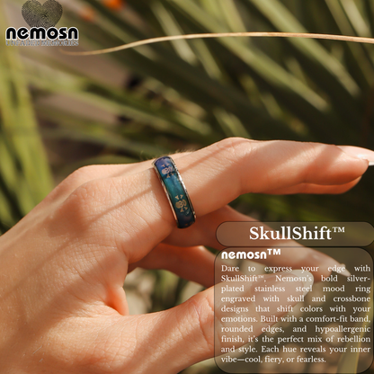 SkullShift™ Silver Mood Ring – Color Changing Stainless Steel Skull & Bones Emotion Ring