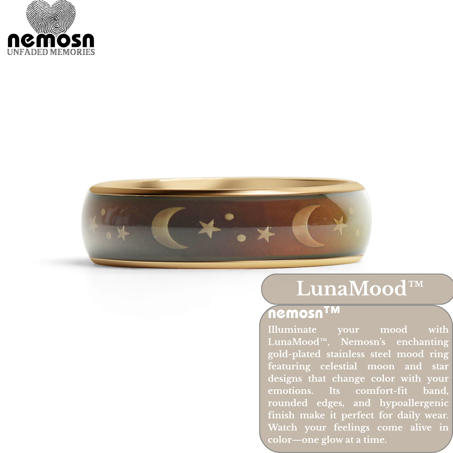 LunaMood™ Gold Mood Ring – Color Changing Stainless Steel Moon & Stars Emotion Ring