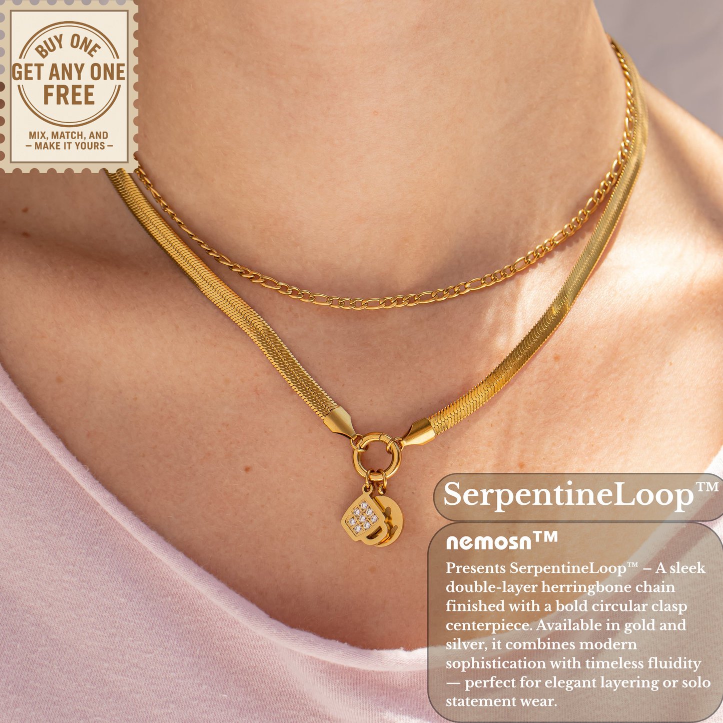 SerpentineLoop™ Herringbone Stackable Necklace with Loop Pendant | Gold & Silver Modern Layering Chain