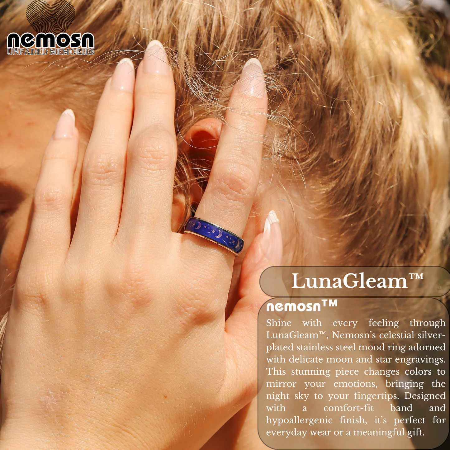 LunaGleam™ Silver Mood Ring – Color Changing Stainless Steel Moon & Stars Emotion Ring