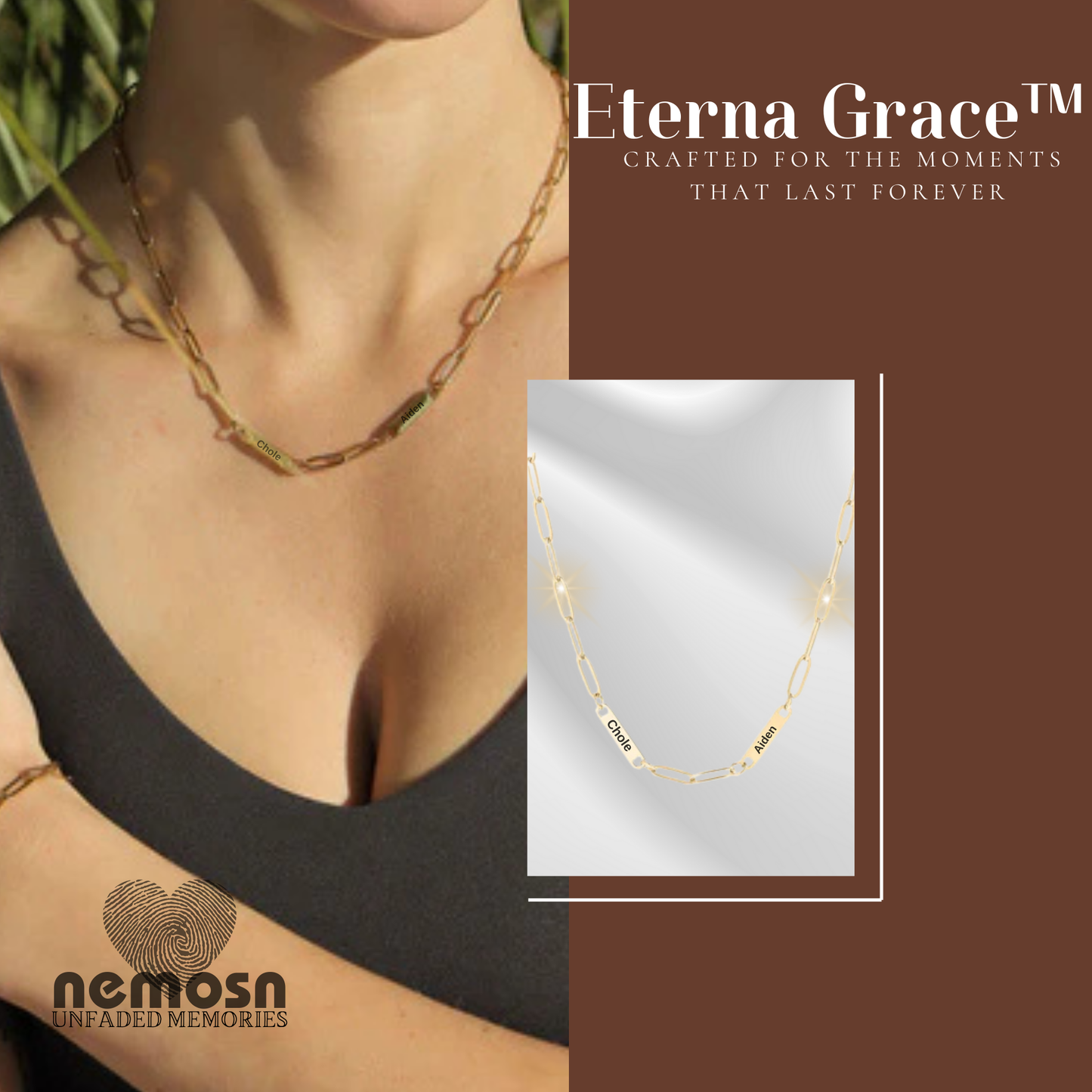 ChainLuxe™ Engravable Bar Necklace – Personalized Name or Date Necklace for Women | Gold & Silver Paperclip Chain | NEMOSN