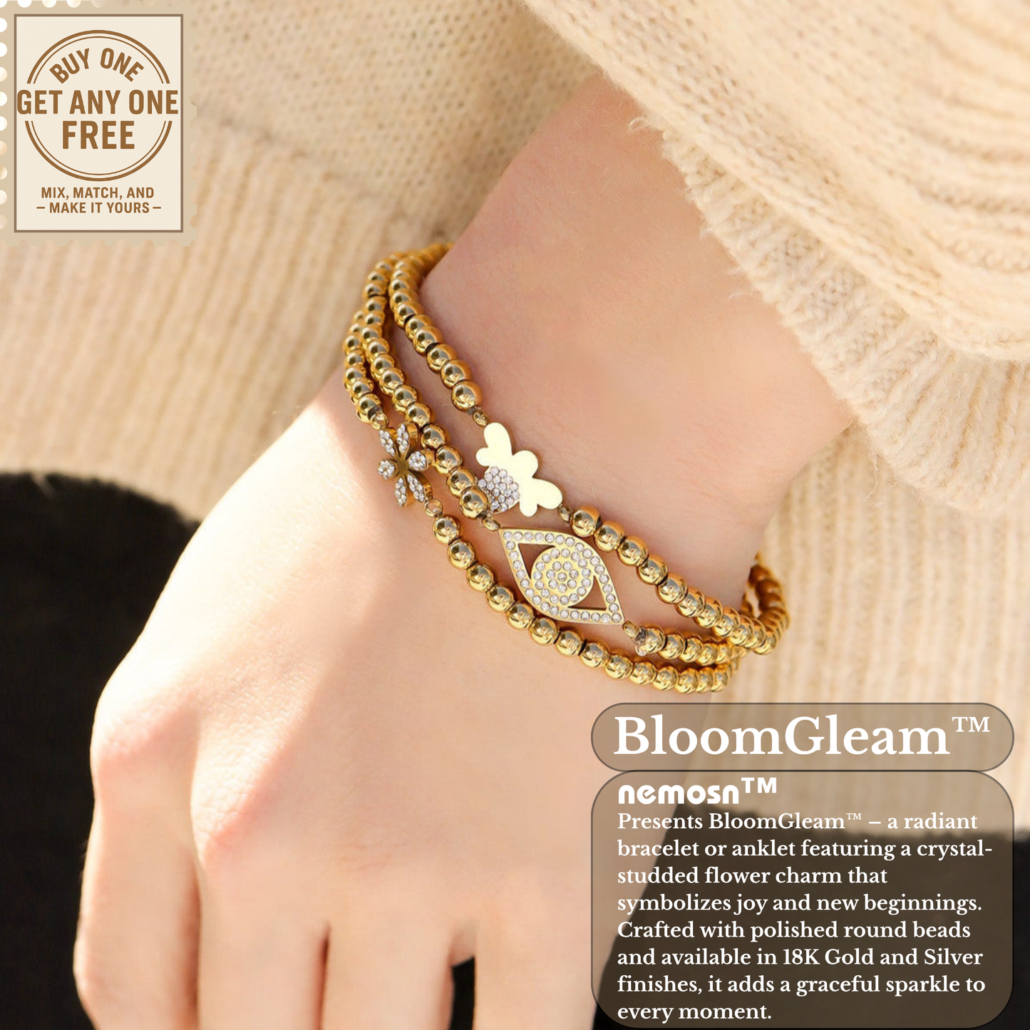 BloomGleam™ Sparkling Flower Beaded Bracelet – Gold & Silver Dainty Bracelet | Everyday Wear Jewelry Gift for Her