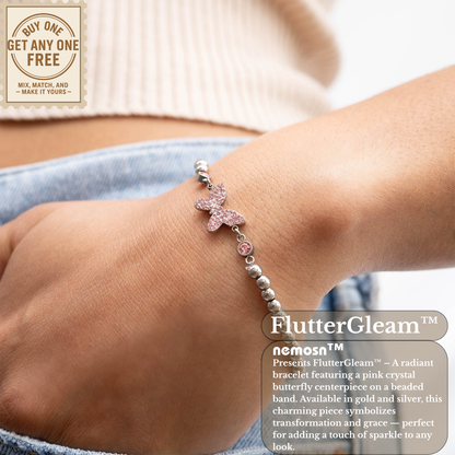 FlutterGleam™ Pink Crystal Butterfly Beaded Bracelet – Gold & Silver Dainty Bracelet | Cute Everyday Jewelry Gift for Her