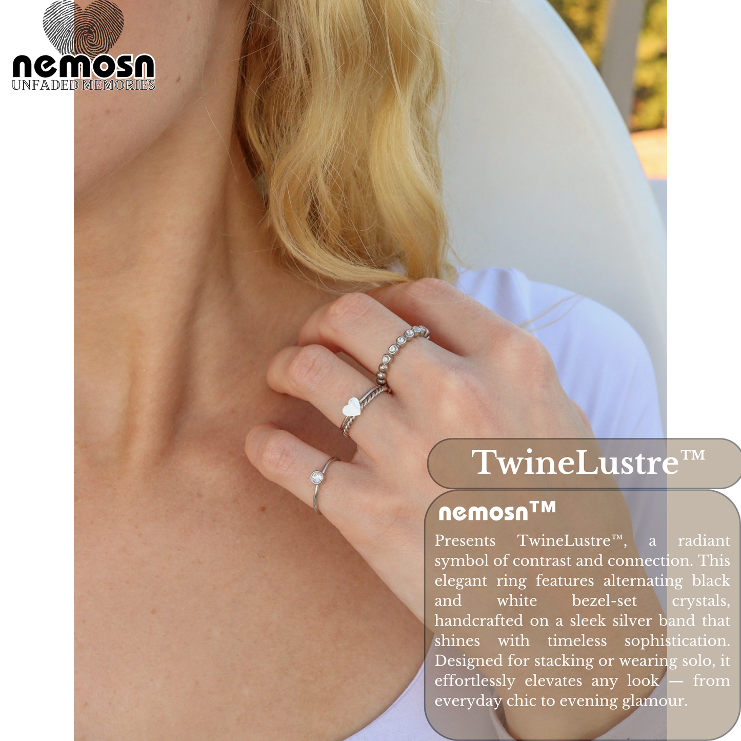 TwineLustre™ – Dual-Tone Bezel Stackable Ring in Silver | Elegant Black & White Crystal Band by Nemosn