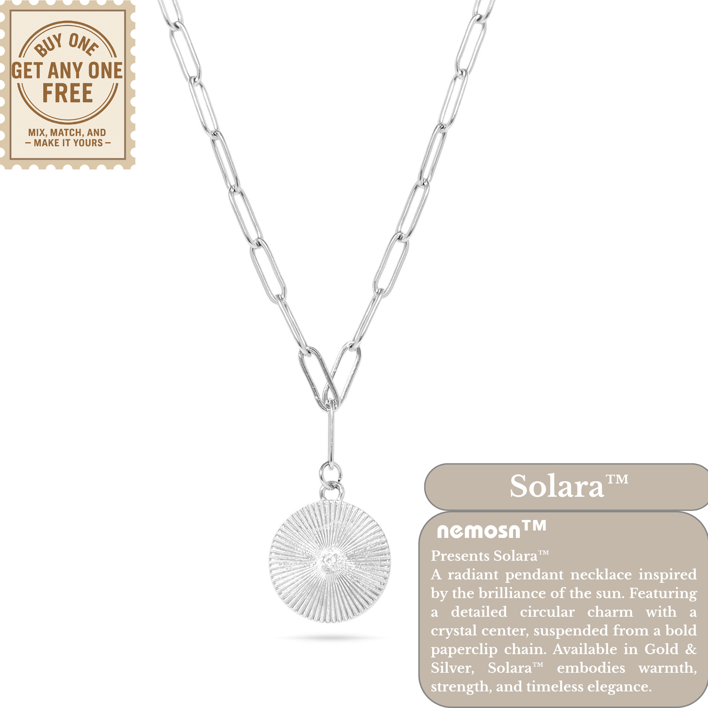 Solara™ Radiant Sun Pendant Necklace | Crystal Sunburst Charm on Paperclip Chain | Gold & Silver