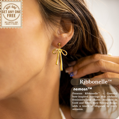 Ribbonelle™ Bow Drop Earrings – 18K Gold & Silver Plated Elegant Statement Jewelry for Women | Nemosn™ Graceful Modern Collection
