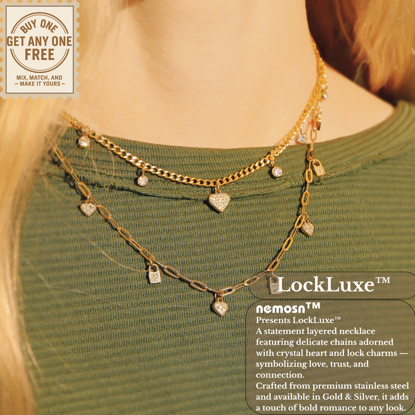 LockLuxe™ Layered Heart & Padlock Charm Necklace – Modern Romantic Style (Gold & Silver Options)