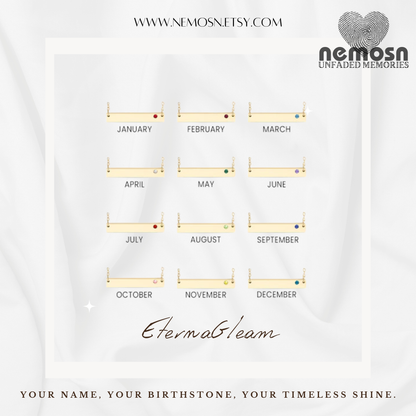 BirthGlow™ Gold Birthstone Engravable  Necklace – Personalized Name or Date Bar Bracelet with Monthly Gemstone | Custom Jewelry by NEMOSN