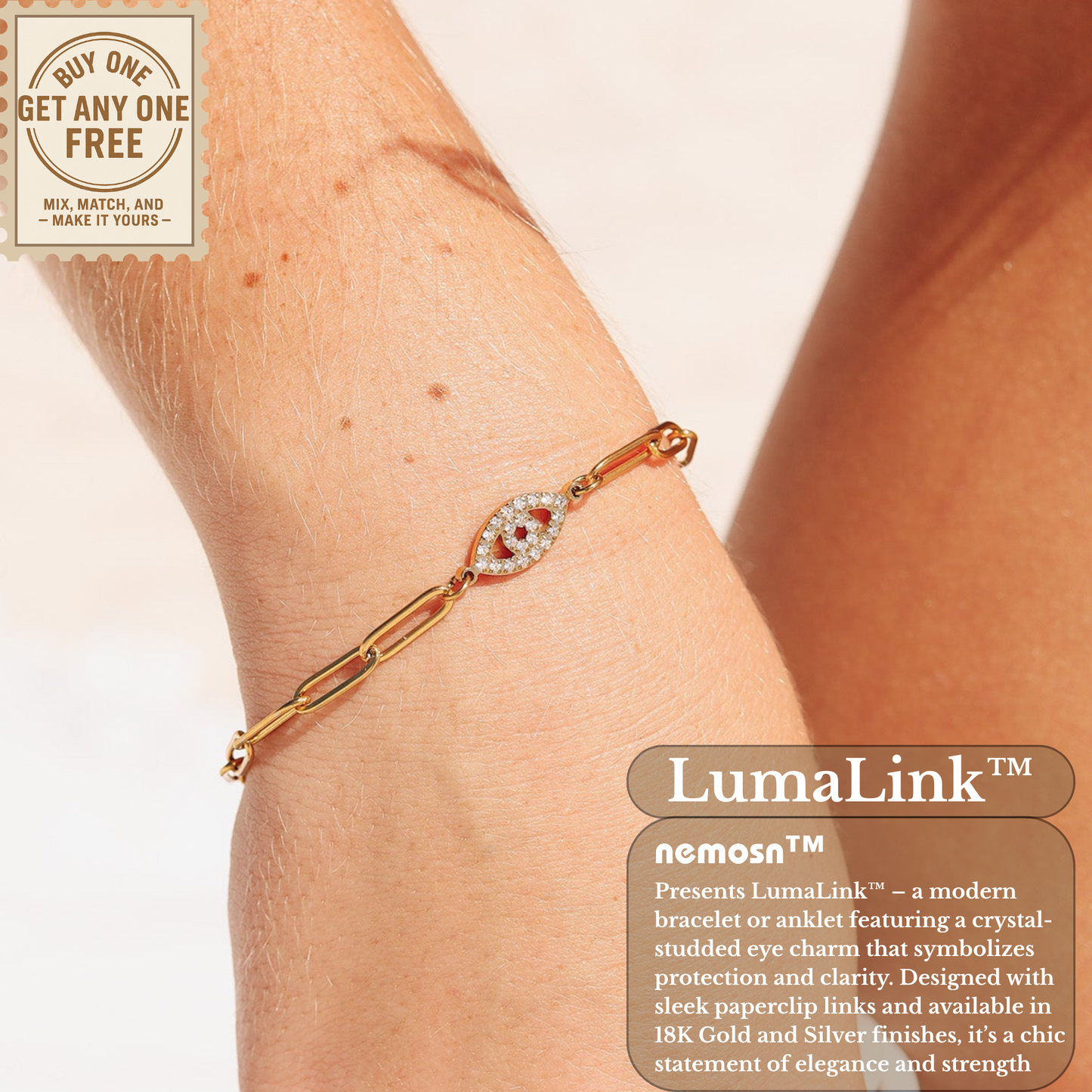 LumaLink™ 18K Gold & Silver Evil Eye Paperclip Chain Bracelet – Dainty Adjustable Protection Jewelry for Women