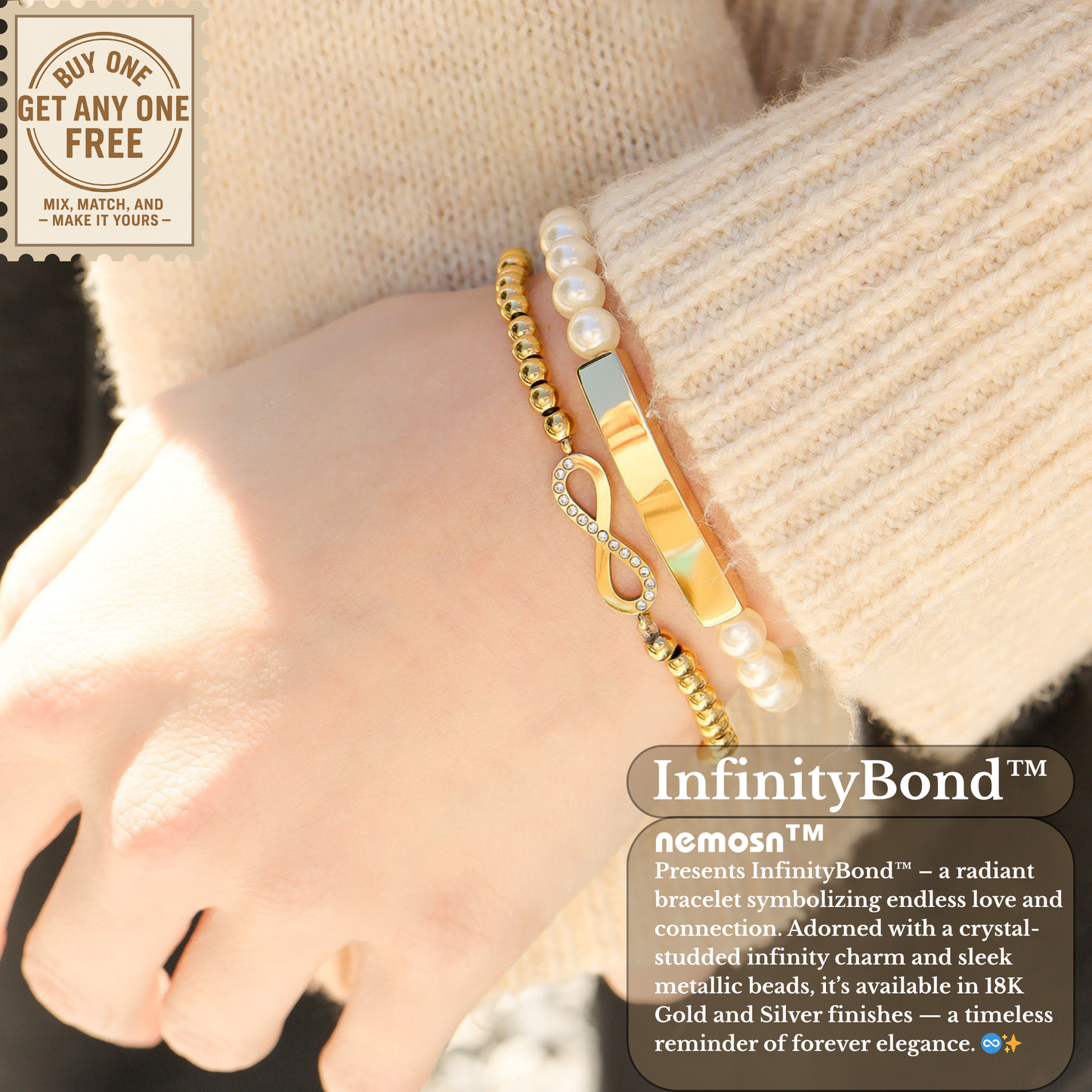 InfinityBond™ Beaded Infinity Bracelet – Adjustable Stainless Steel Bracelet in Gold & Silver | Everyday Wear Jewelry Gift for Her