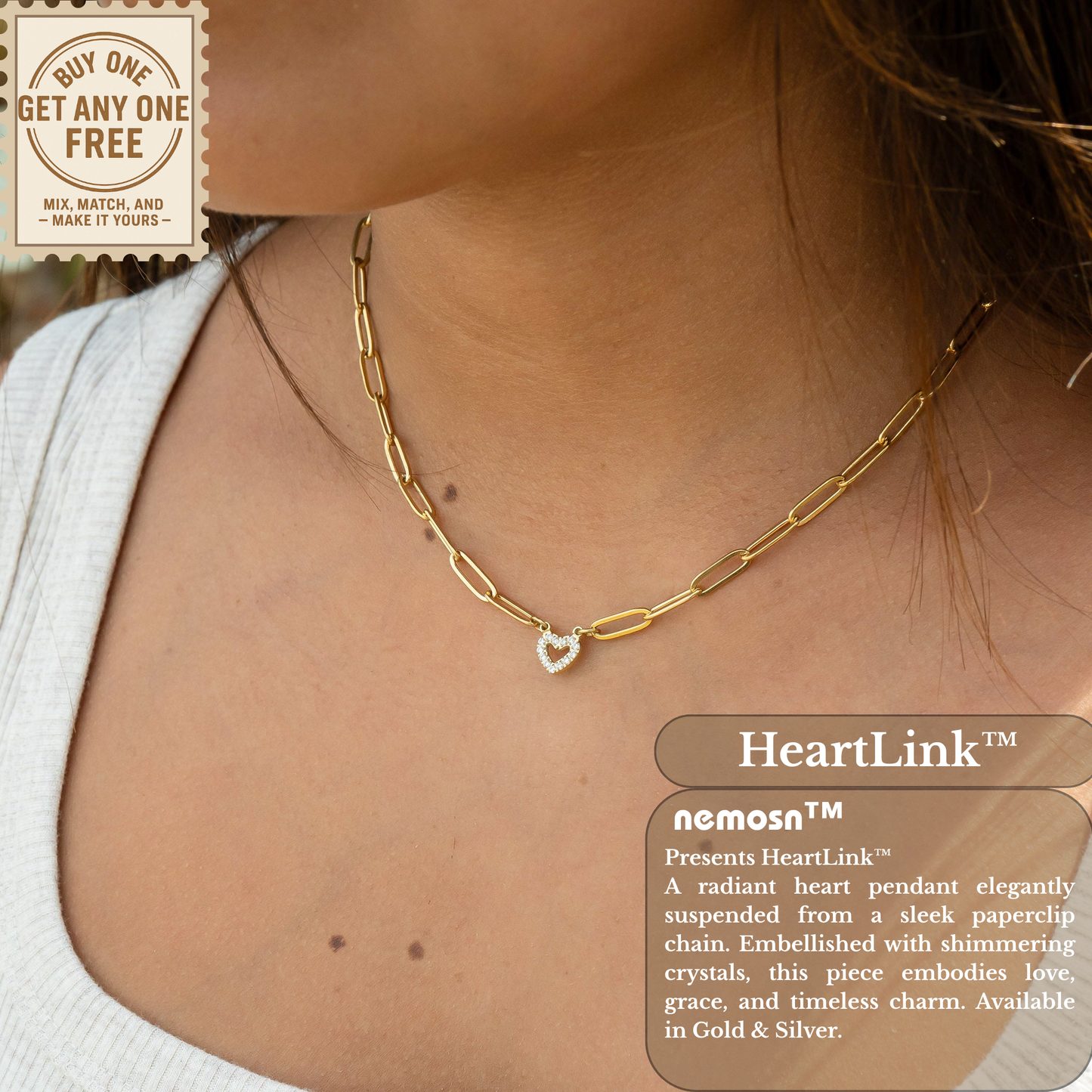 HeartLink™ Crystal Heart Paperclip Chain Necklace | Modern Dainty Love Pendant in Gold & Silver