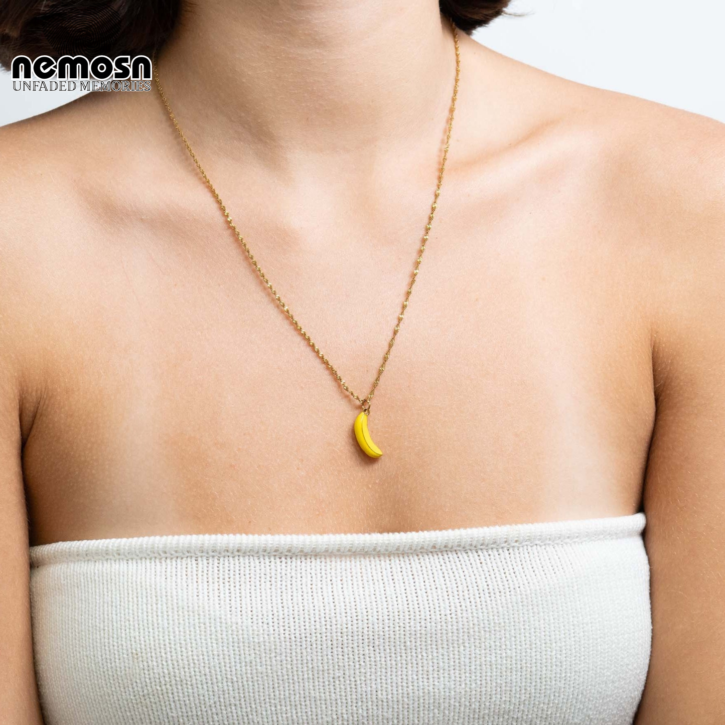 SunnyBend™ – Yellow Enamel Banana Pendant in Gold & Silver | Fun Fruit Charm Necklace by Nemosn