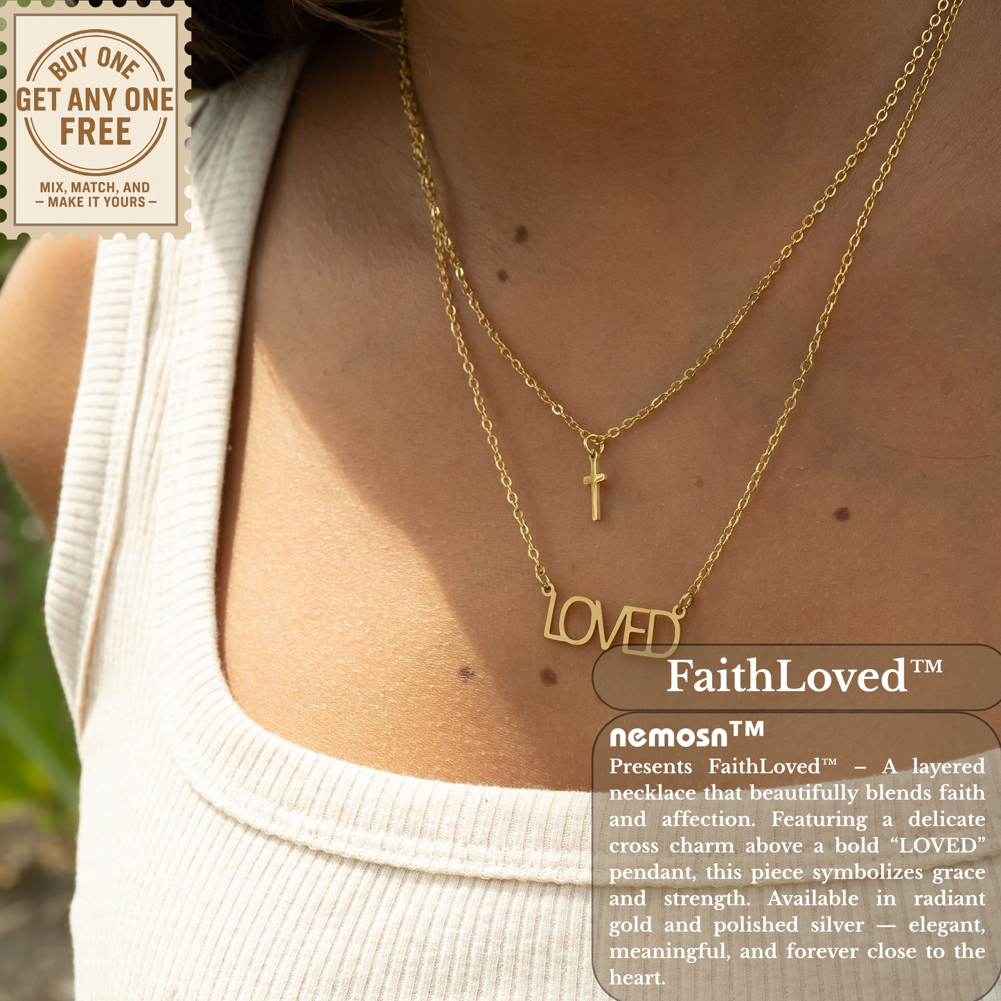 FaithLoved™ Layered Cross & Loved Necklace – 18K Gold and Silver | Nemosn™ Faith-Inspired Jewelry Collection