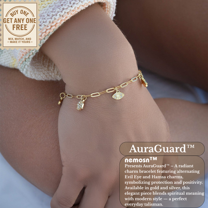 AuraGuard™ 18K Gold & Silver Evil Eye and Hamsa Hand Paperclip Chain Bracelet – Adjustable Protection Jewelry for Women