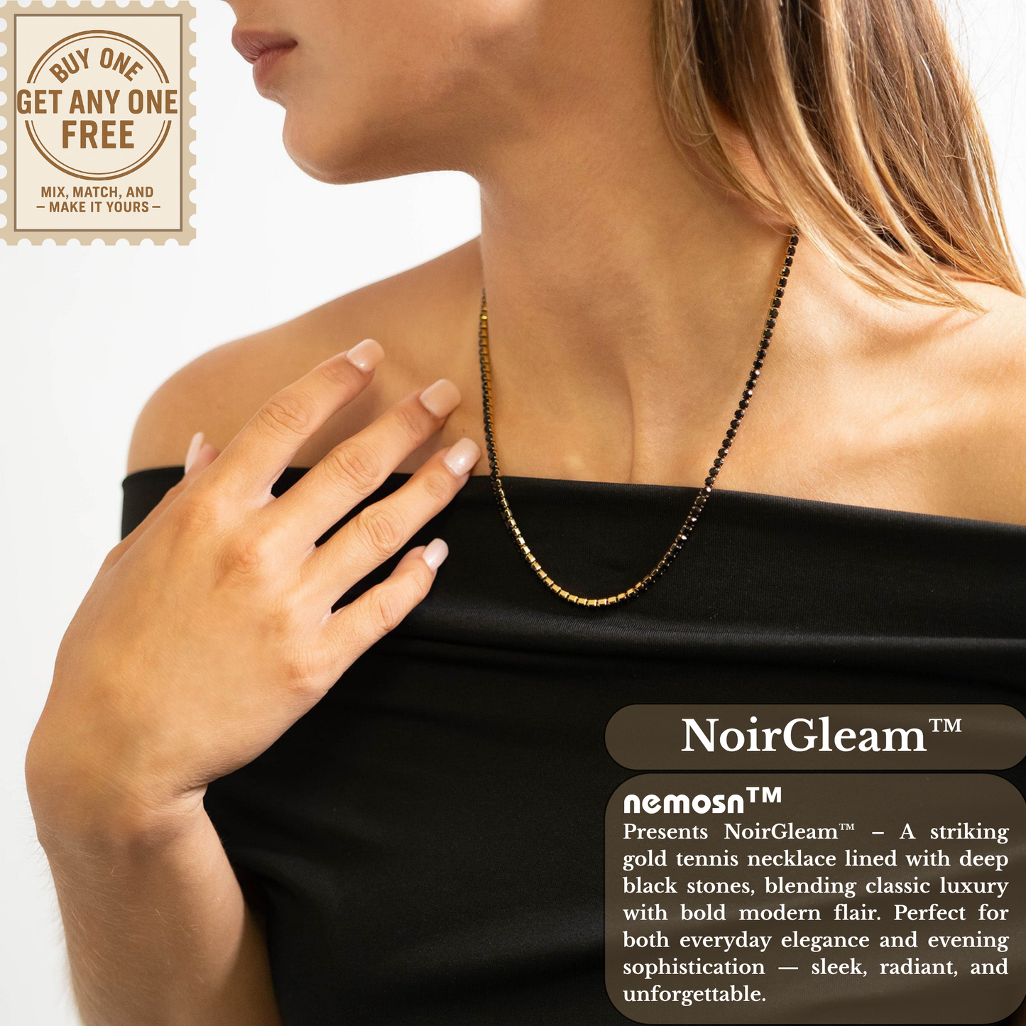NoirGleam™ Gold Black Crystal Tennis Necklace | Luxury Gold Necklace for Women & Men