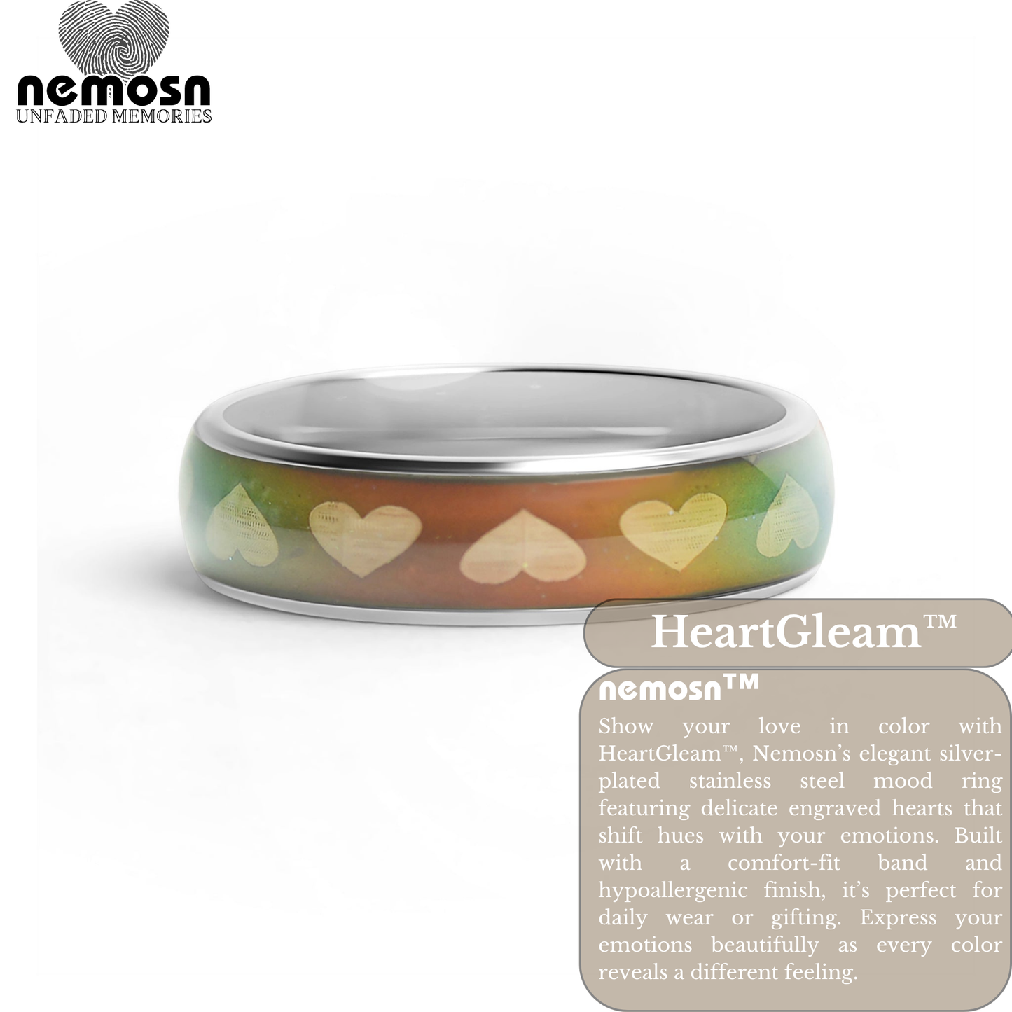HeartGleam™ Silver Mood Ring – Color Changing Stainless Steel Heart Emotion Ring