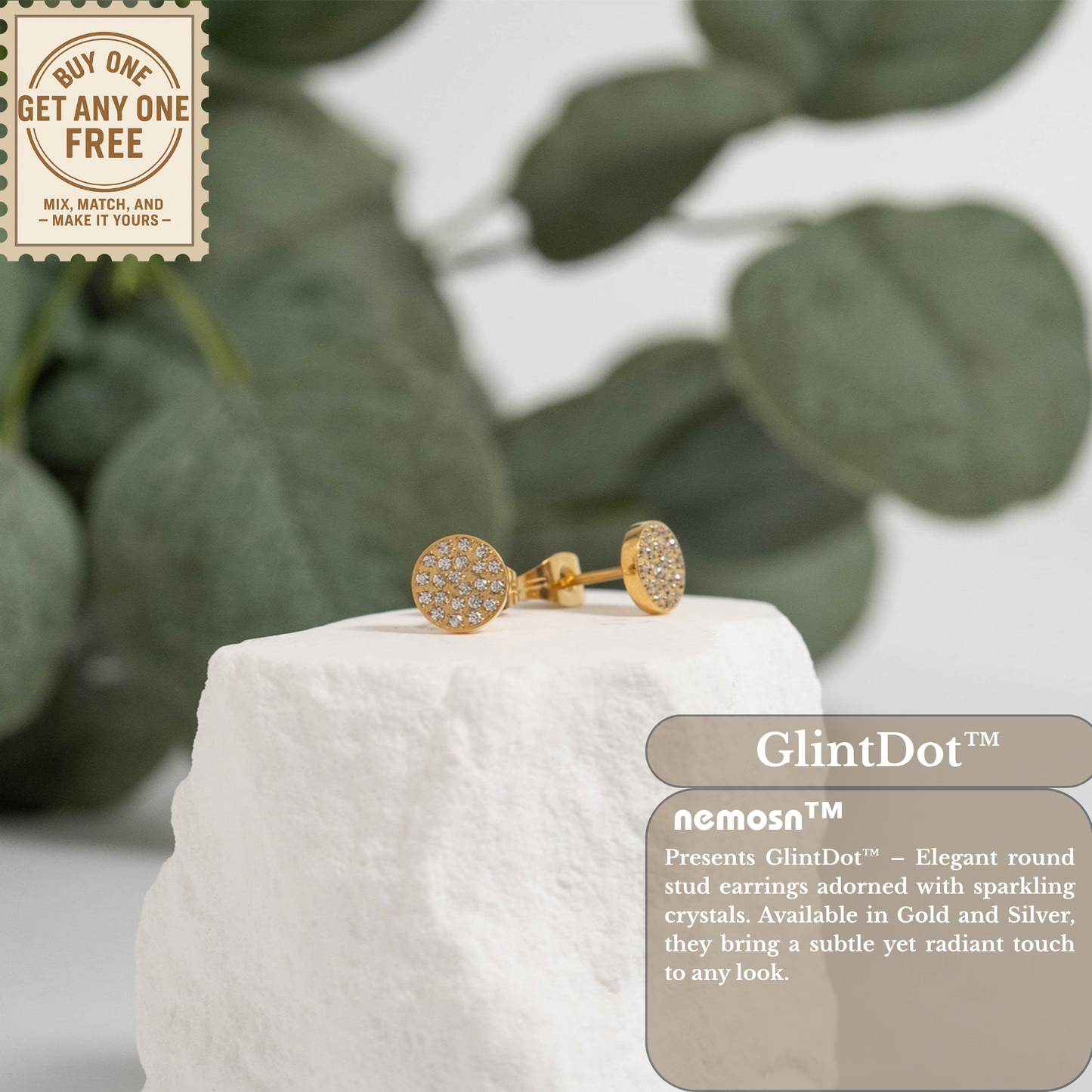 GlintDot™ Crystal Stud Earrings – 18K Gold & Silver Plated Dainty Sparkle Jewelry for Women | Nemosn™ Everyday Elegance Collection