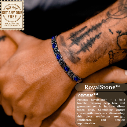 RoyalStone™ Vintage Blue Gemstone Bracelet – Bold Silver Link Design | Nemosn™ Strength & Sophistication Collection