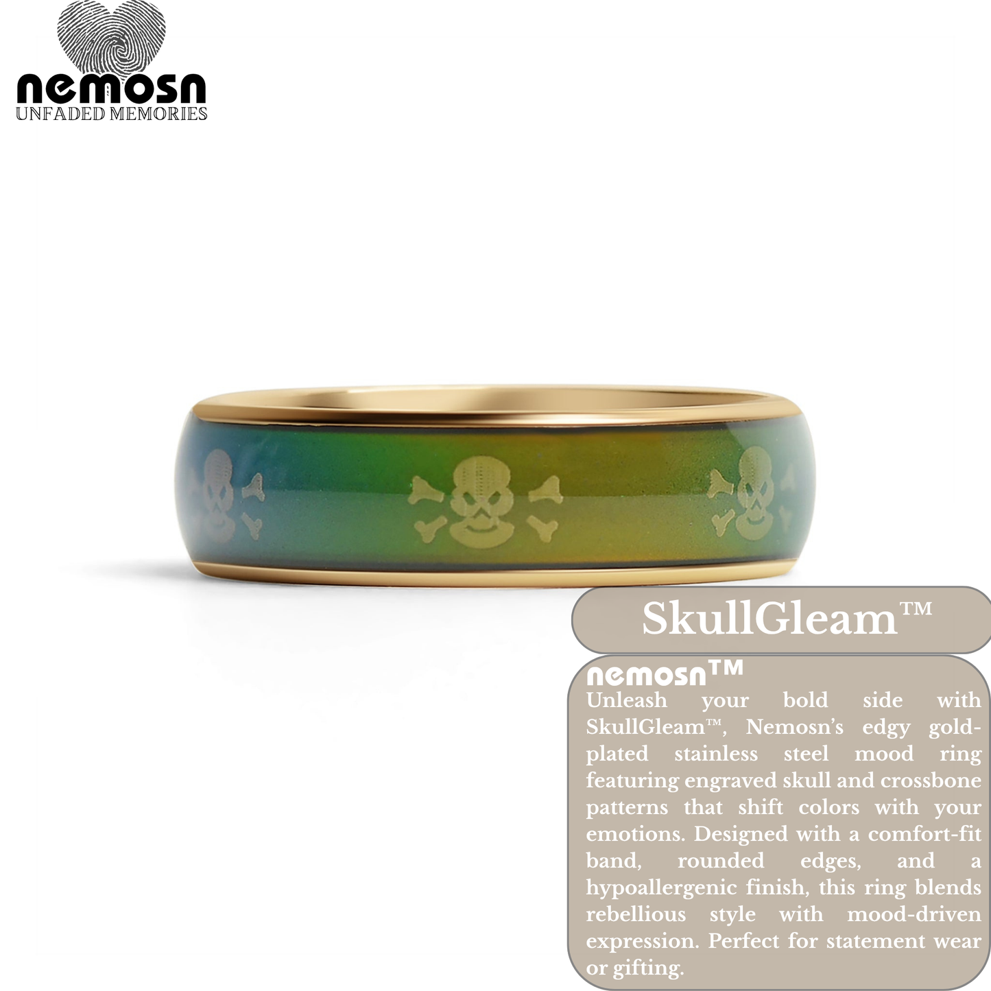 SkullGleam™ Gold Mood Ring – Color Changing Stainless Steel Skull & Bones Emotion Ring