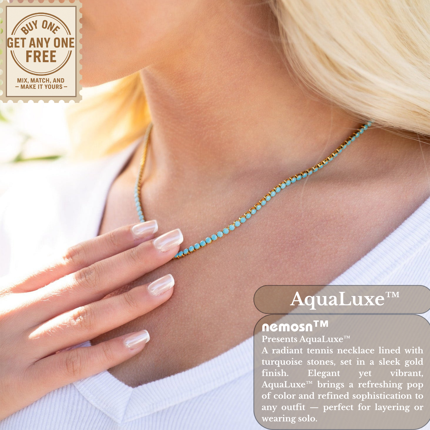 AquaLuxe™ Gold Turquoise Crystal Tennis Necklace | Elegant Gold Necklace for Women