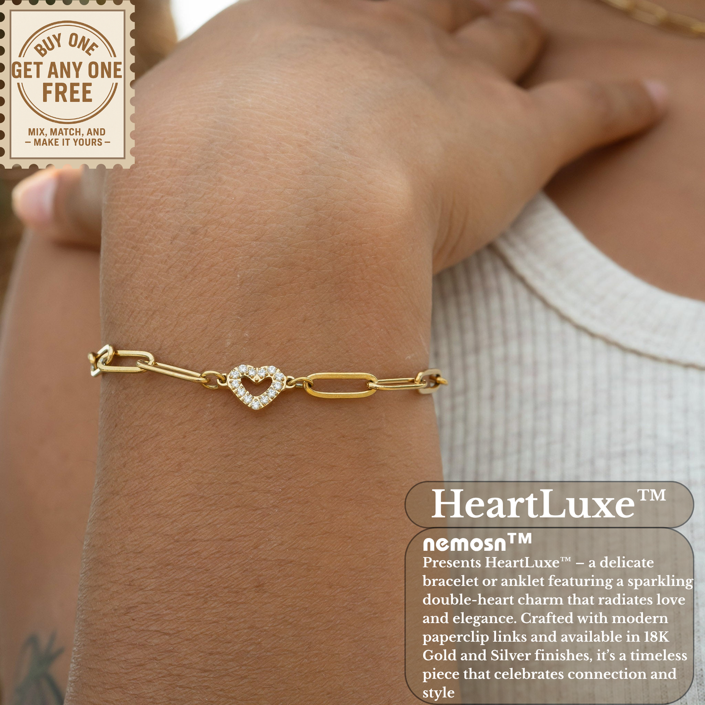 HeartLuxe™ 18K Gold & Silver Heart Paperclip Chain Bracelet – Dainty Adjustable Love Jewelry for Women