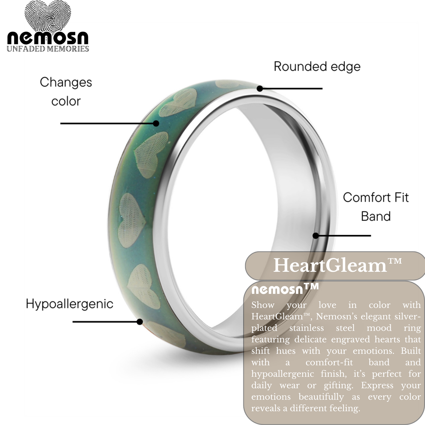 HeartGleam™ Silver Mood Ring – Color Changing Stainless Steel Heart Emotion Ring