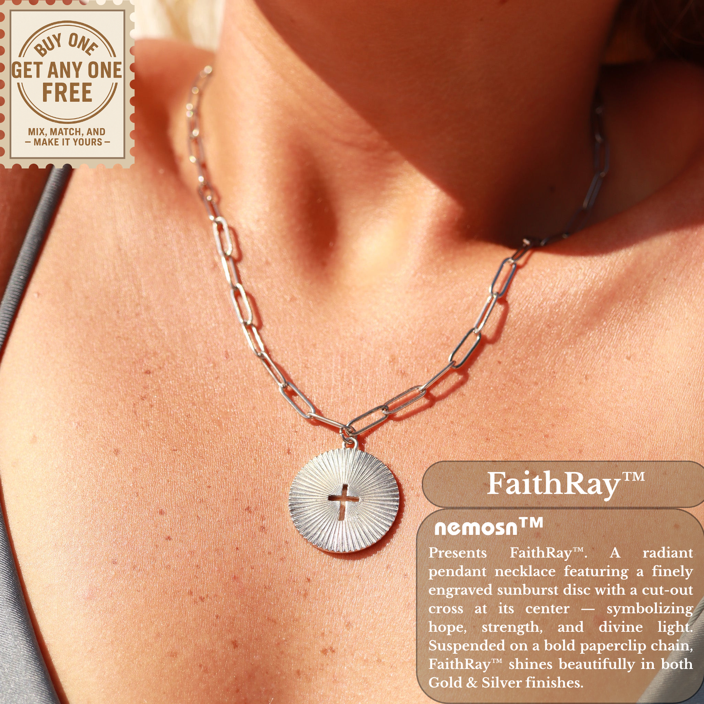 FaithRay™ Sunburst Cross Pendant Necklace | Spiritual Paperclip Chain Jewelry in Gold & Silver