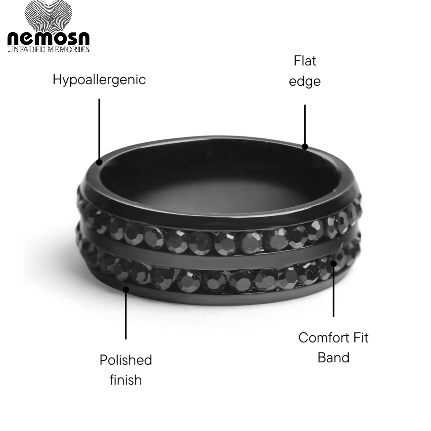 NoirLume™ — Black Polished Dual-Row Crystal Ring with Comfort Fit