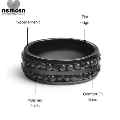 NoirLume™ — Black Polished Dual-Row Crystal Ring with Comfort Fit