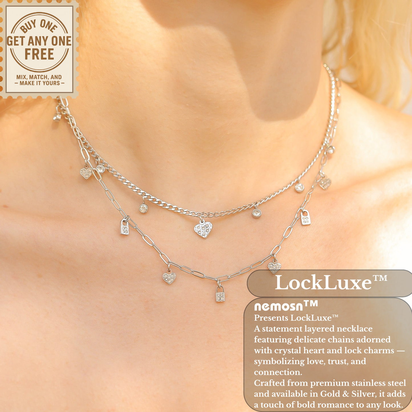 LockLuxe™ Layered Heart & Padlock Charm Necklace – Modern Romantic Style (Gold & Silver Options)