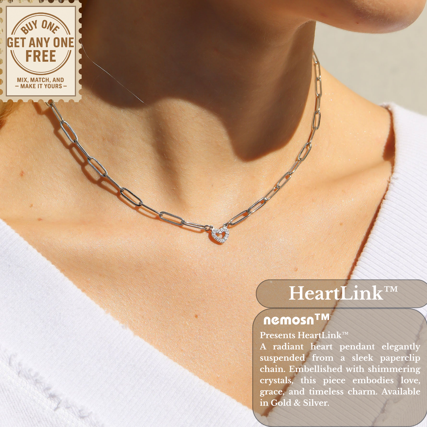 HeartLink™ Crystal Heart Paperclip Chain Necklace | Modern Dainty Love Pendant in Gold & Silver