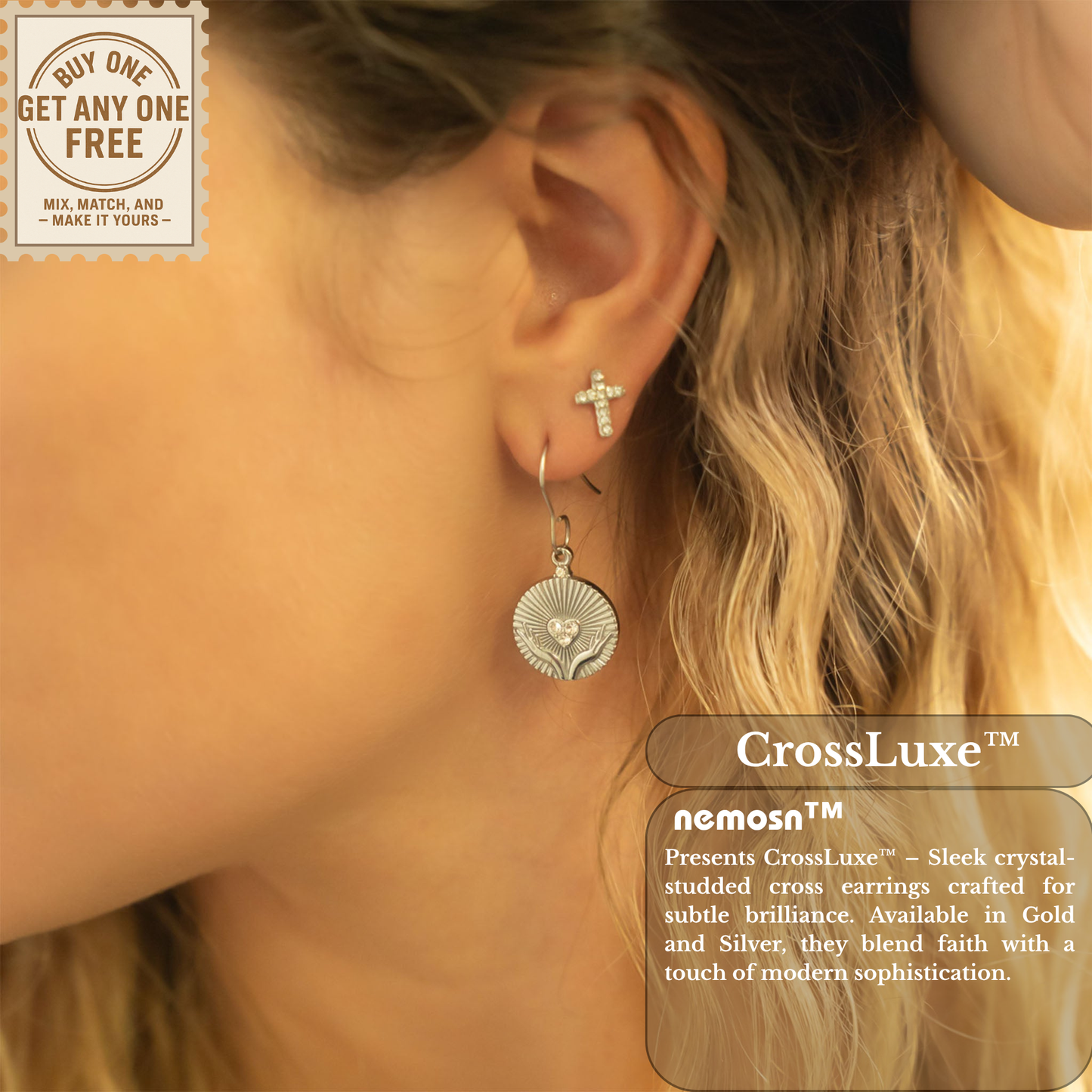 CrossLuxe™ Crystal Cross Stud Earrings – 18K Gold & Silver Plated Faith-Inspired Minimalist Jewelry for Women | Nemosn™ Grace Collection