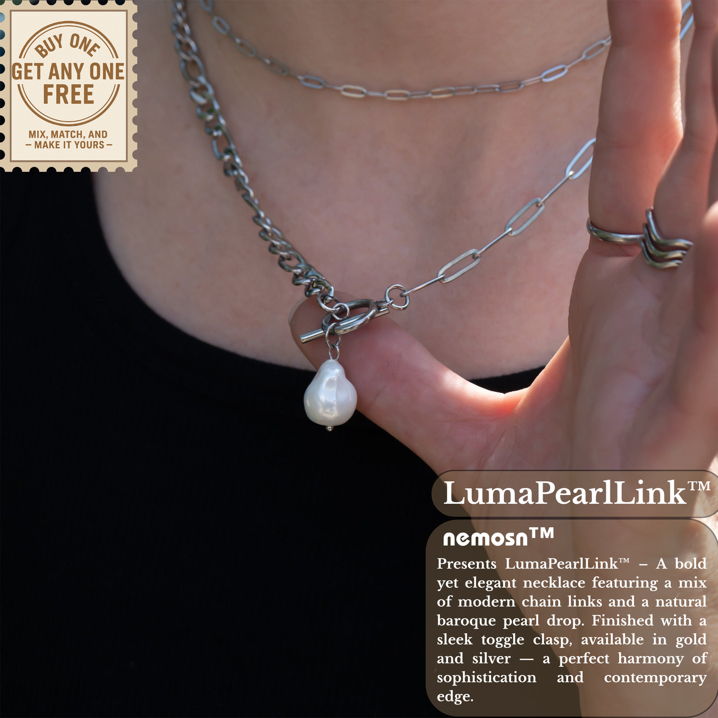 LumaPearlLink™ Baroque Pearl Toggle Necklace | Mixed Chain Statement Jewelry in Gold & Silver