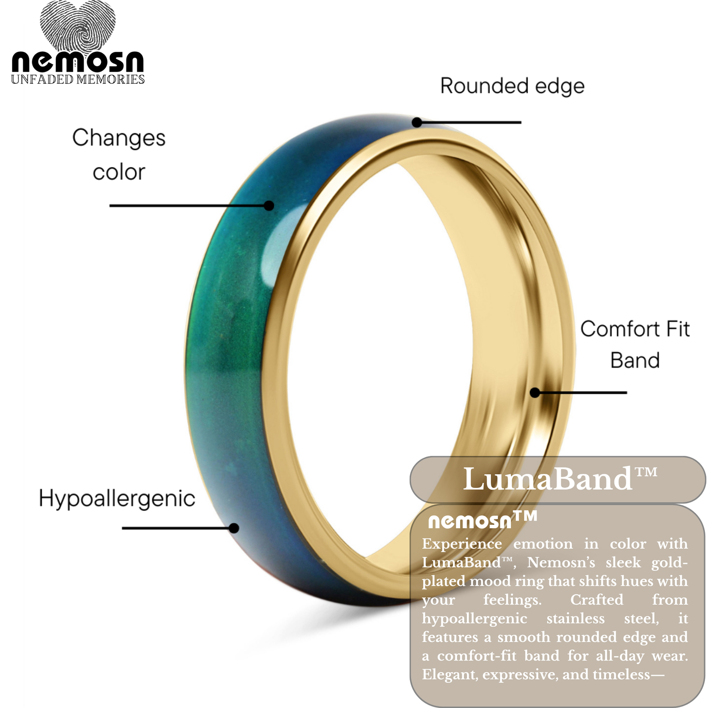 LumaBand™ Gold Mood Ring – Color Changing Stainless Steel Comfort Fit Ring