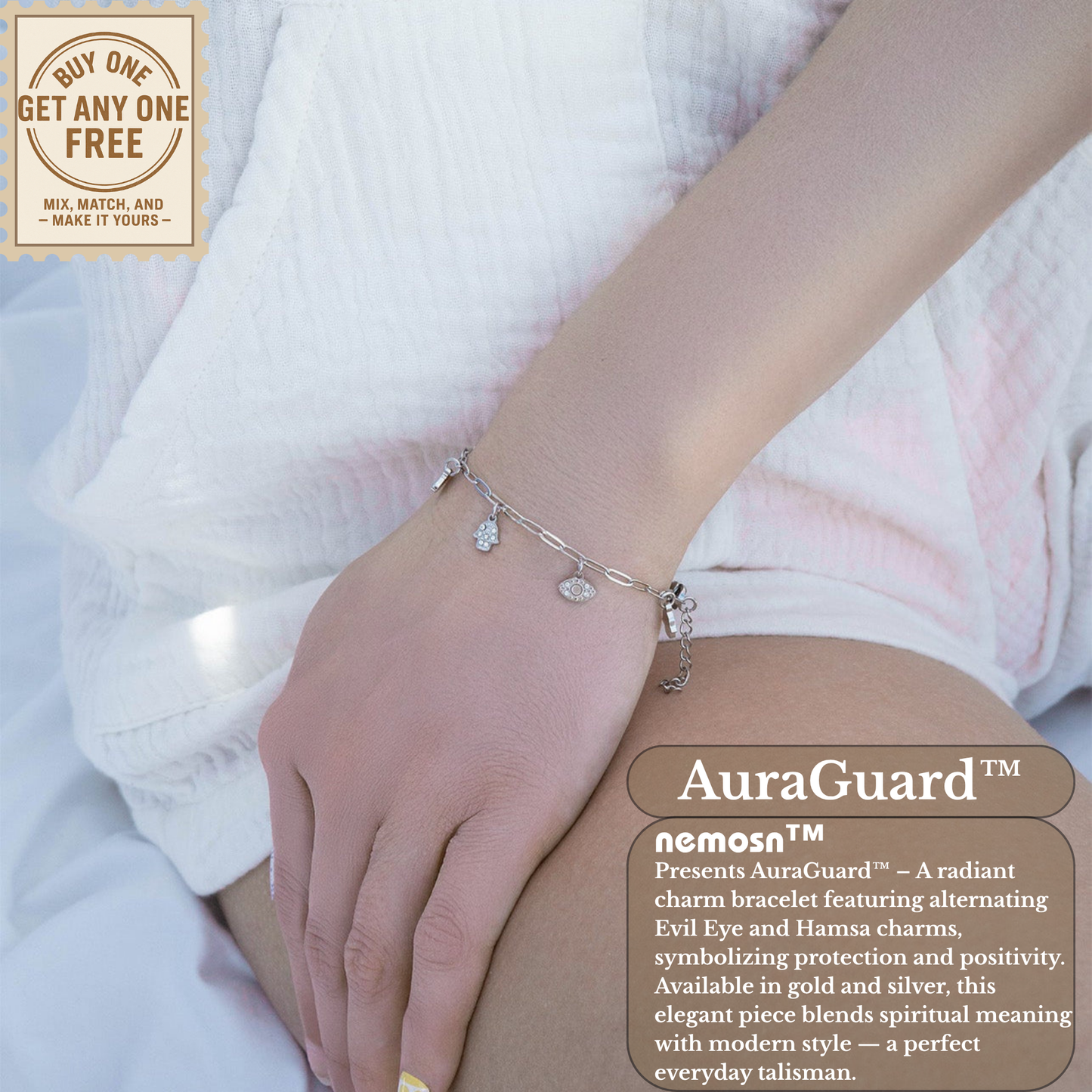 AuraGuard™ 18K Gold & Silver Evil Eye and Hamsa Hand Paperclip Chain Bracelet – Adjustable Protection Jewelry for Women