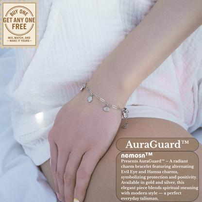 AuraGuard™ 18K Gold & Silver Evil Eye and Hamsa Hand Paperclip Chain Bracelet – Adjustable Protection Jewelry for Women