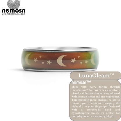LunaGleam™ Silver Mood Ring – Color Changing Stainless Steel Moon & Stars Emotion Ring