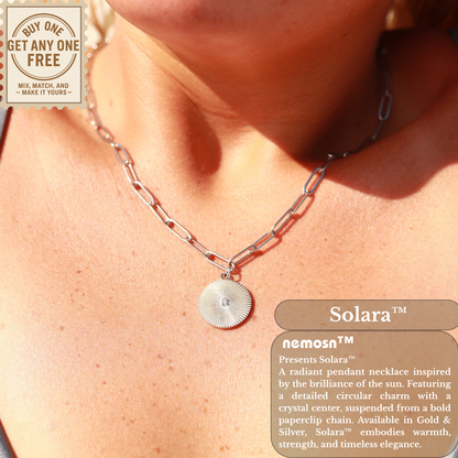 Solara™ Radiant Sun Pendant Necklace | Crystal Sunburst Charm on Paperclip Chain | Gold & Silver
