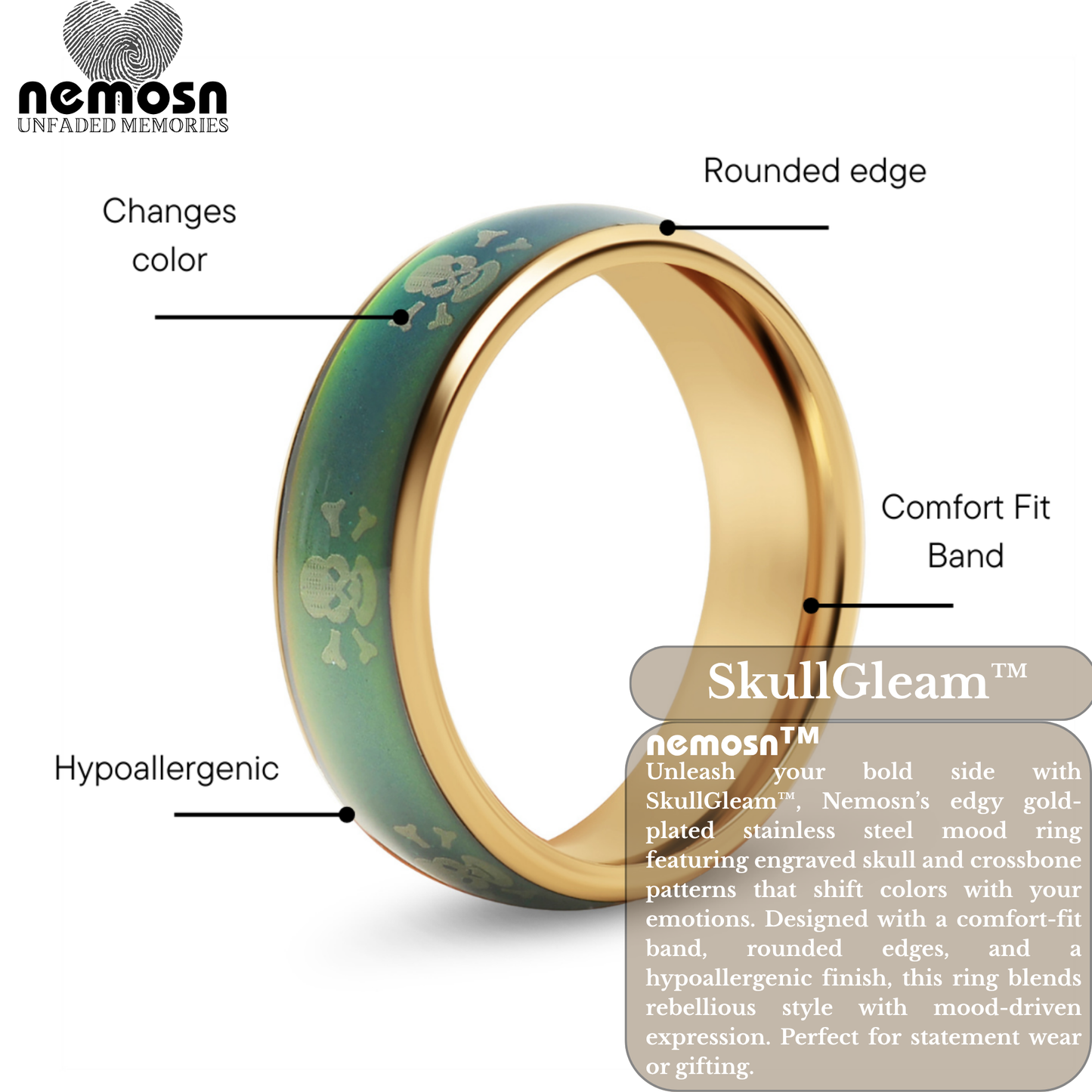 SkullGleam™ Gold Mood Ring – Color Changing Stainless Steel Skull & Bones Emotion Ring