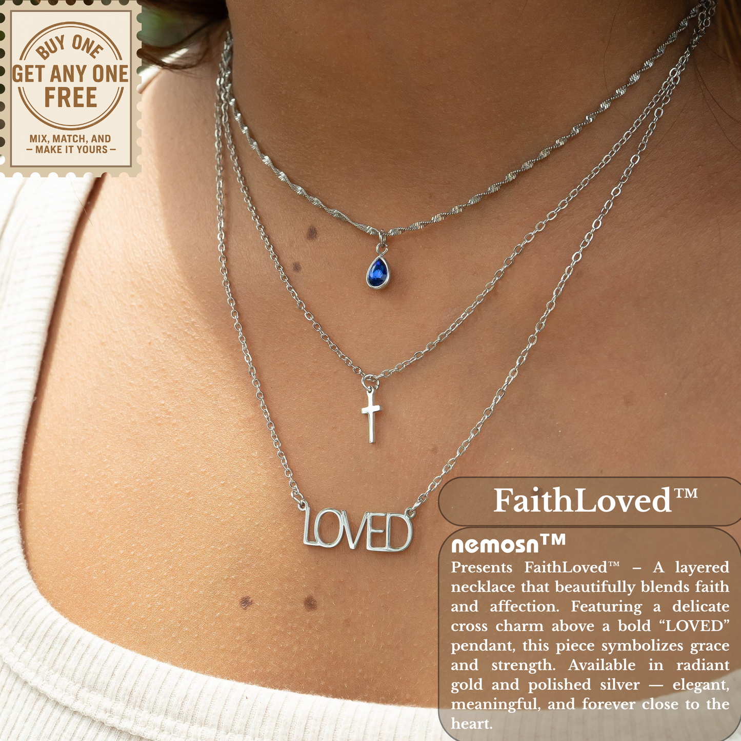 FaithLoved™ Layered Cross & Loved Necklace – 18K Gold and Silver | Nemosn™ Faith-Inspired Jewelry Collection