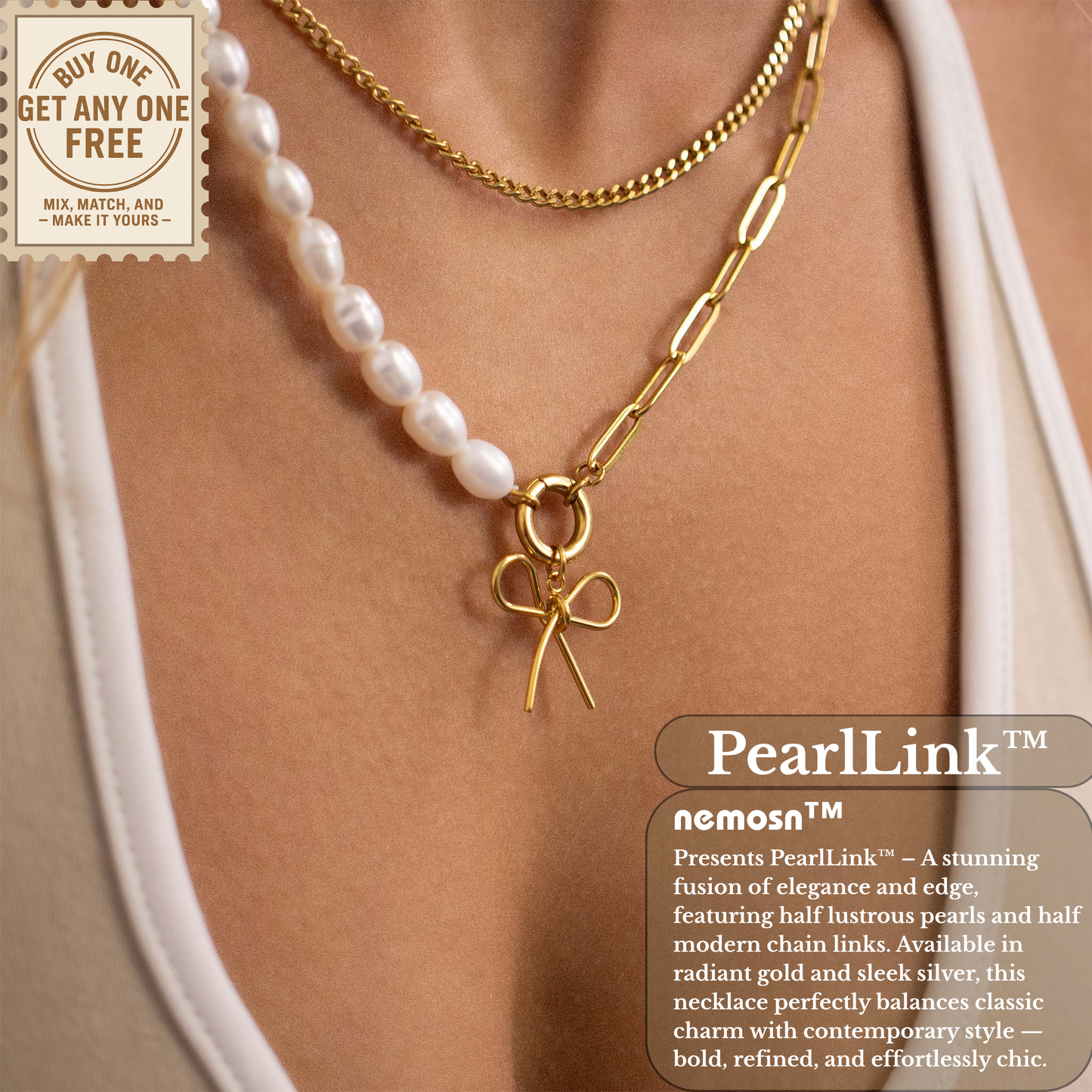 PearlLink™ Half Pearl Half Paperclip Necklace | Modern Baroque Pearl Chain | Gold & Silver Layering Jewelry