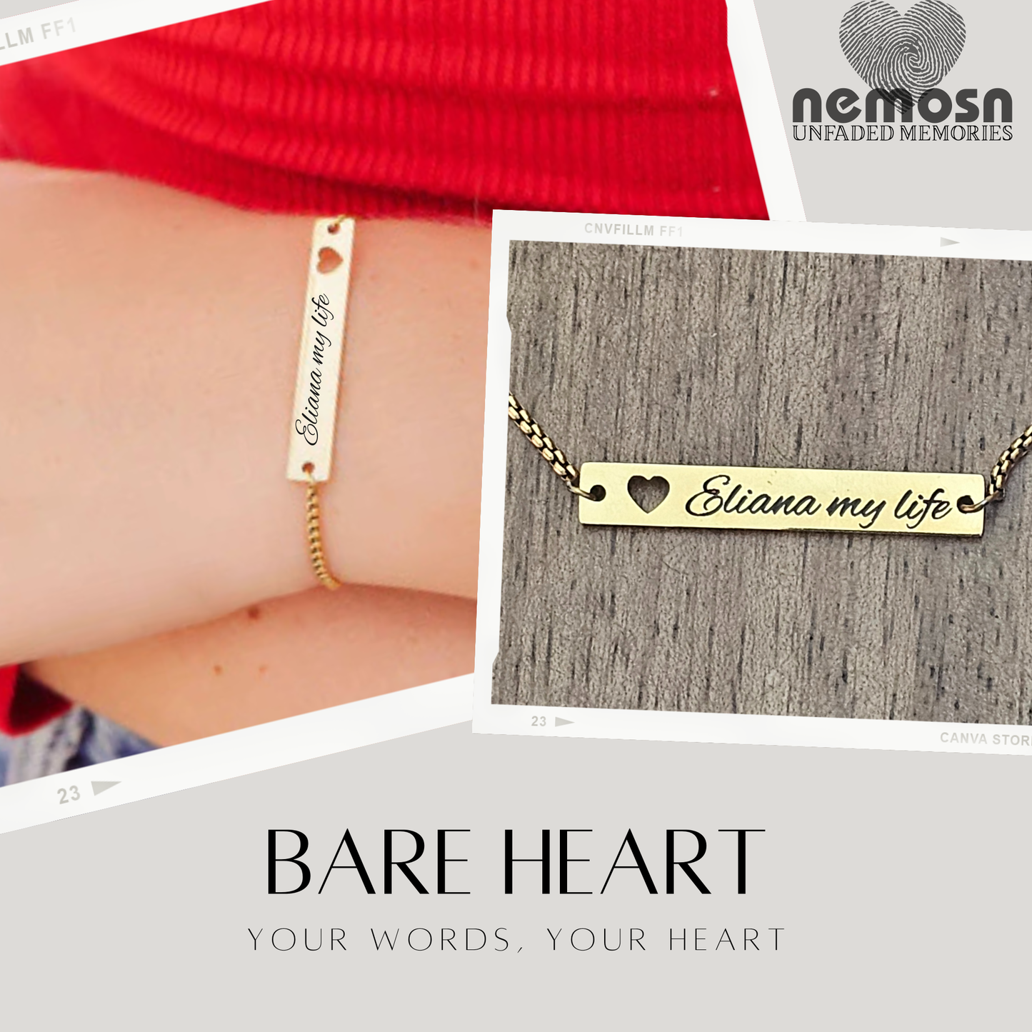 HeartBound™ Engravable Bar Bracelet – Personalized Name or Date Bracelet with Cutout Heart | Adjustable Gold, Rose Gold & Silver | NEMOSN