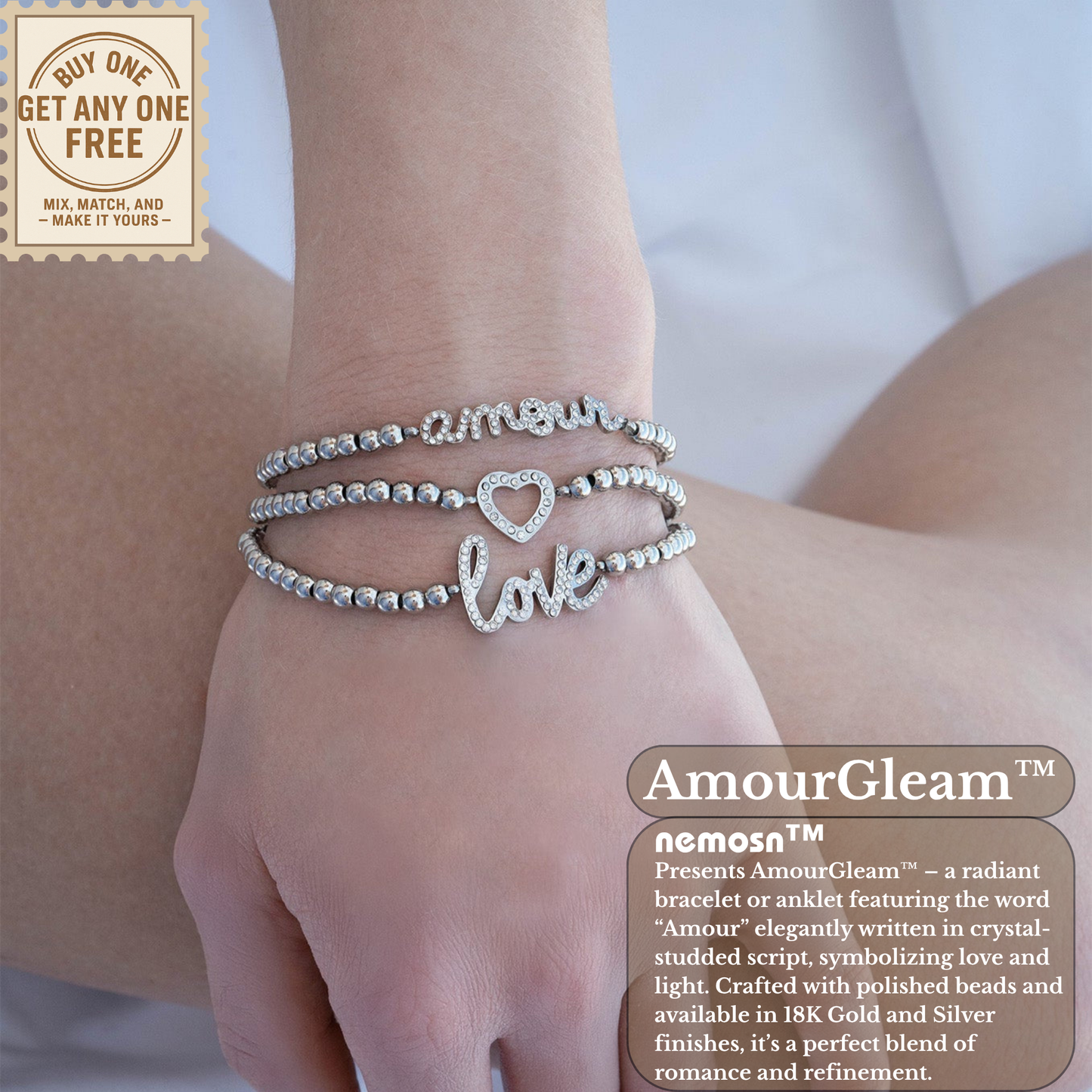 AmourGleam™ 18K Gold & Silver Beaded “Amour” Bracelet – Stretch Fit Minimalist Love Jewelry for Women