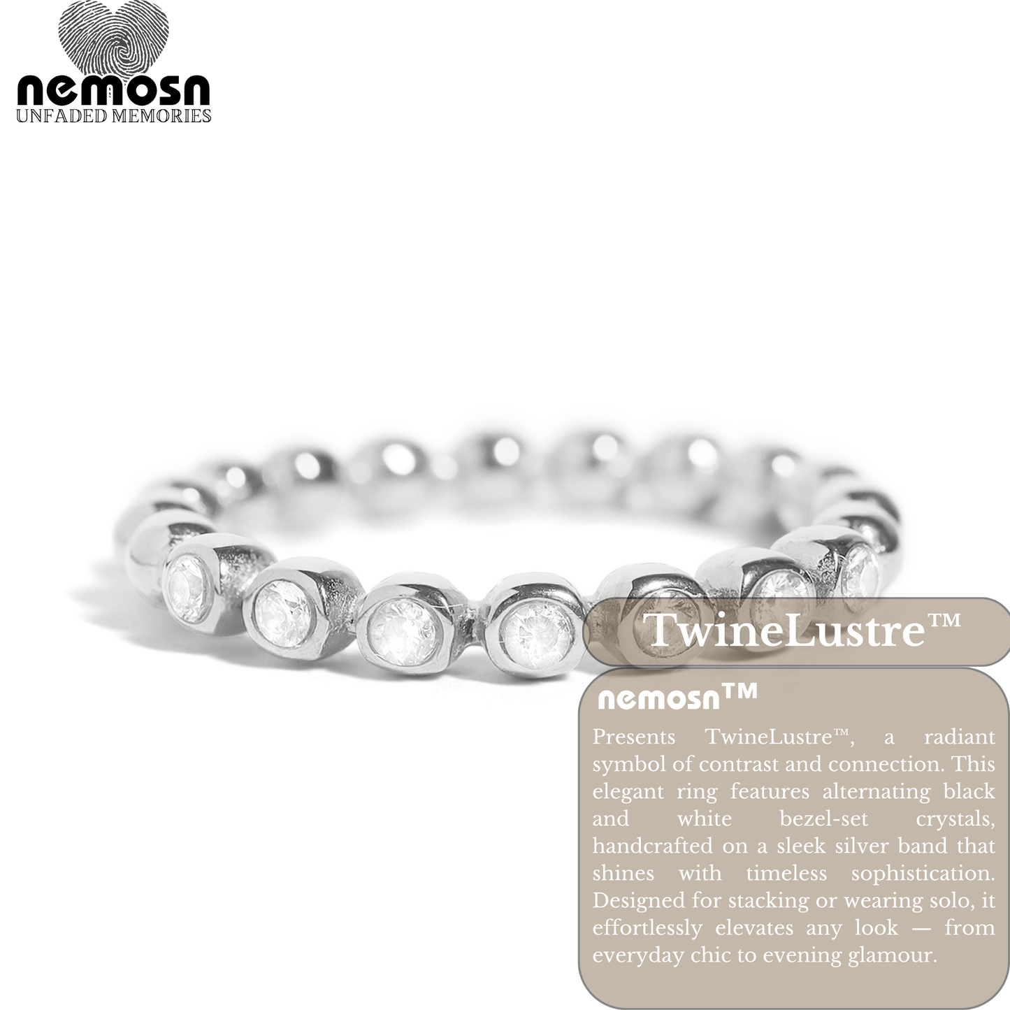 TwineLustre™ – Dual-Tone Bezel Stackable Ring in Silver | Elegant Black & White Crystal Band by Nemosn