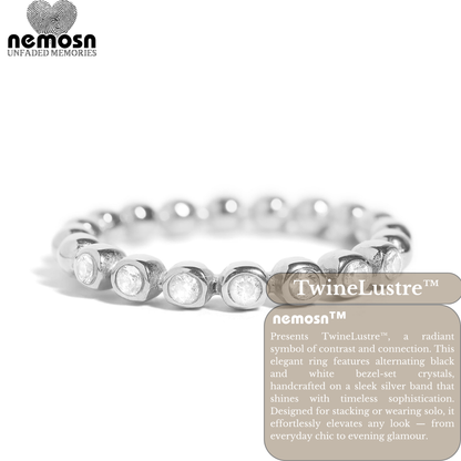 TwineLustre™ – Dual-Tone Bezel Stackable Ring in Silver | Elegant Black & White Crystal Band by Nemosn
