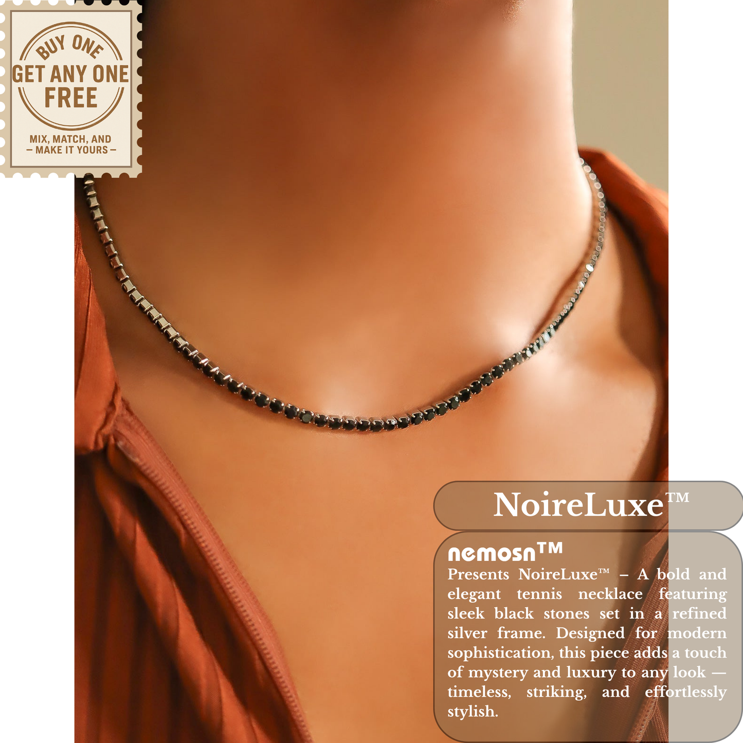 NoireLuxe™ Black Crystal Tennis Necklace | Stainless Steel Luxury Necklace for Men & Women