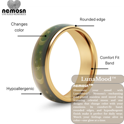 LunaMood™ Gold Mood Ring – Color Changing Stainless Steel Moon & Stars Emotion Ring