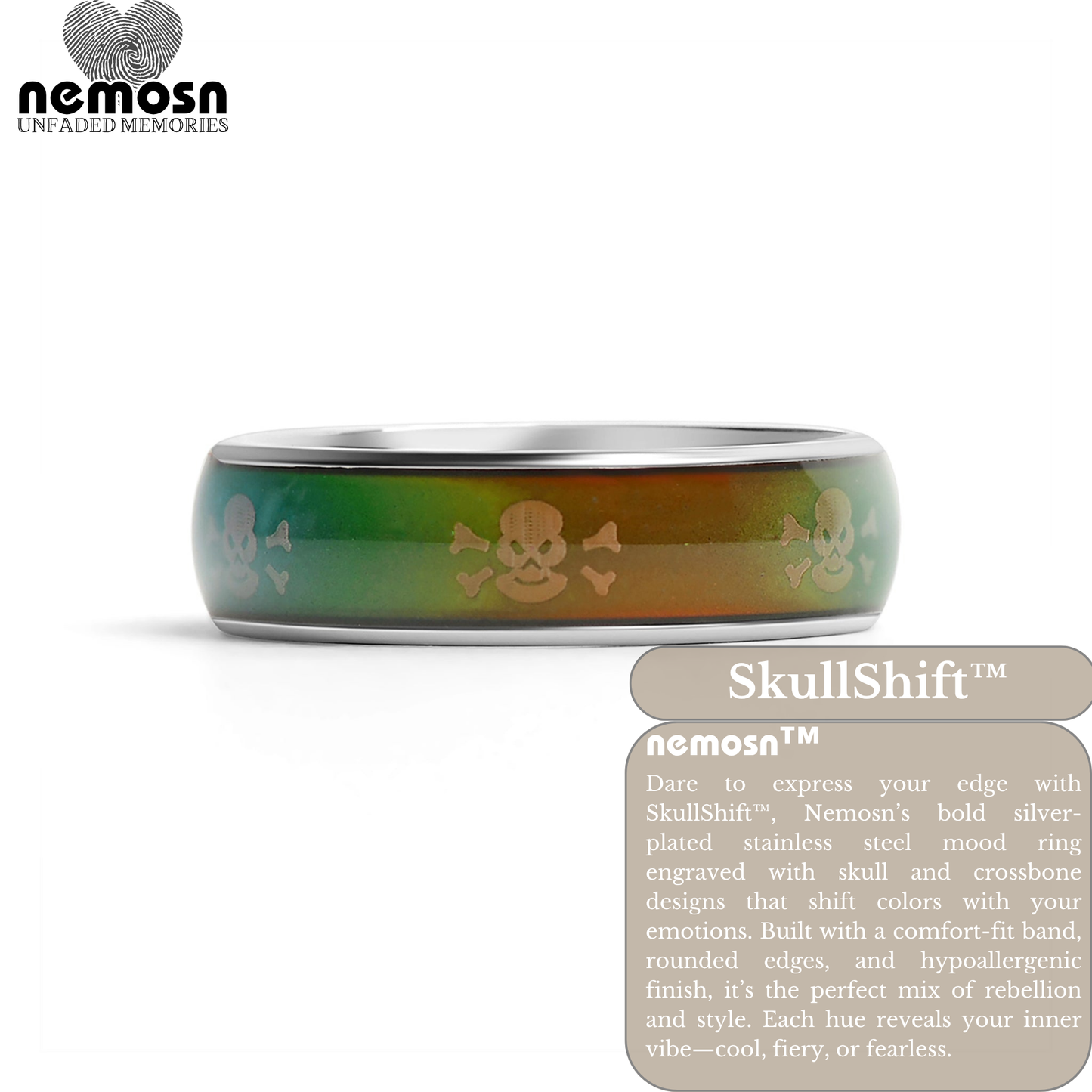 SkullShift™ Silver Mood Ring – Color Changing Stainless Steel Skull & Bones Emotion Ring